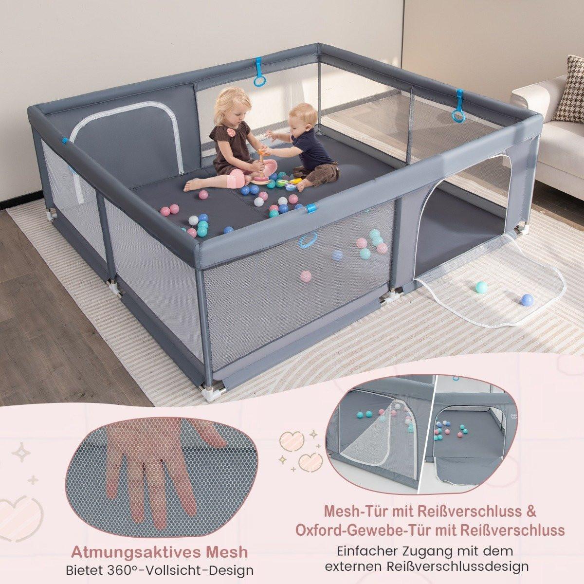 Northix  200 x 180 cm Baby Laufstall mit 50 Ozeanbällen & 4 Griffen & Tür Laufgitter Krabbelgitter Grau 