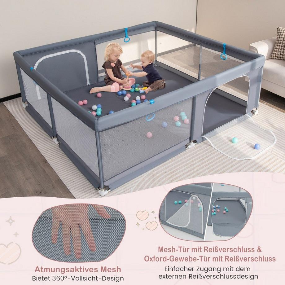 Northix  Box per bambini 200 x 180 cm con 50 palline Ocean Balls e 4 maniglie e cancelletto per gattonare grigio 