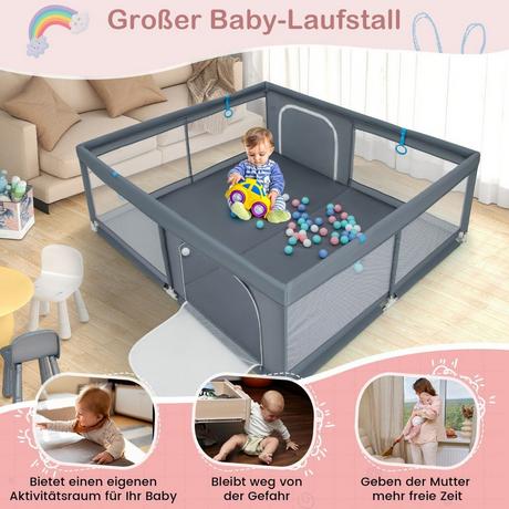 Northix  200 x 180 cm Baby Laufstall mit 50 Ozeanbällen & 4 Griffen & Tür Laufgitter Krabbelgitter Grau 