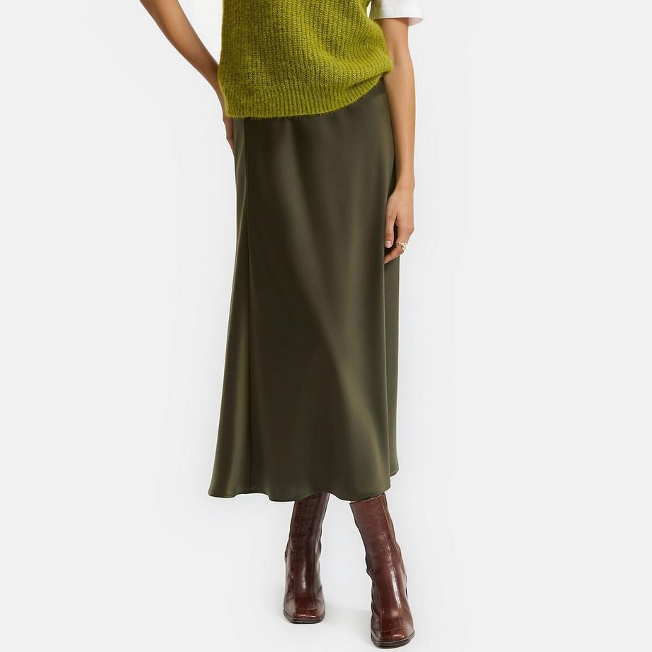 Jupe midi évasée en satin mat à taille élastiquée