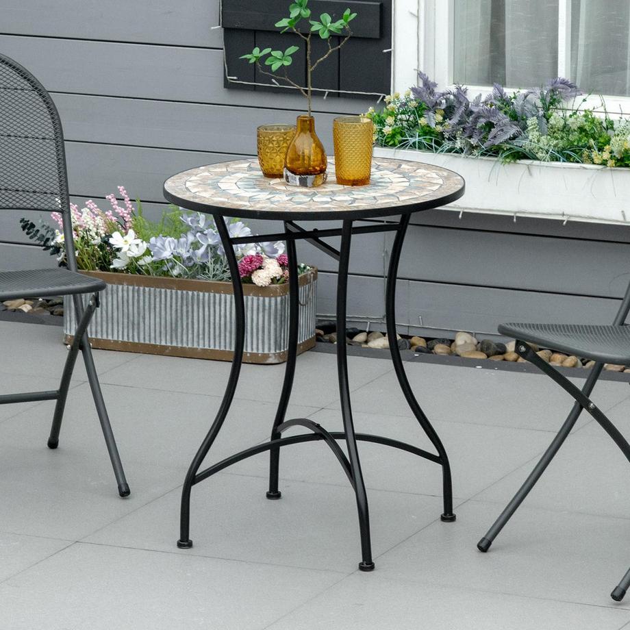 Northio Gartentisch Mosaiktisch Rund Bistrotisch Mosaikplatte Keramik Metall Grün+Beige+Weiß Ø60Cm  