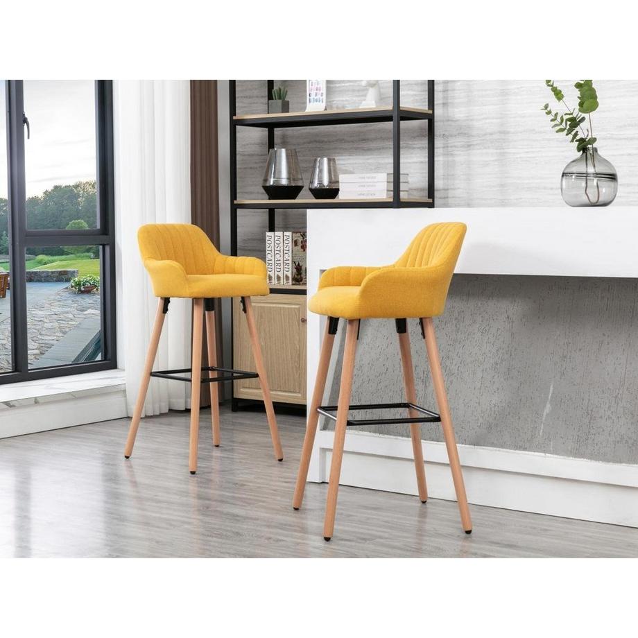 Vente-unique Tabouret de bar en tissu et pieds bois de hêtre - Jaune - ELEANA  
