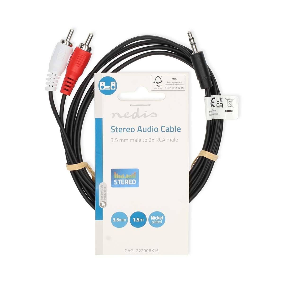 Nedis  Cavo audio stereo | 3,5 mm Hane | 2x RCA Hane | Nickelplaterad | 1,50 m | Round | Svart | Etichetta 