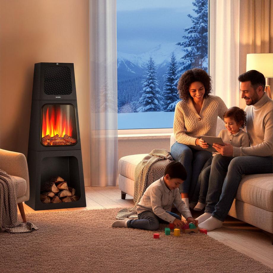 Tectake Elektrokamin Soleil 2 Leistungsstufen mit 900 W und 1800 W mit Holz- und Glutimitation sowie 3D-Flammeneffekt  