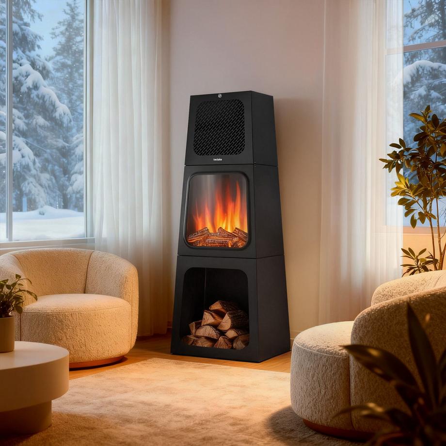Tectake Elektrokamin Soleil 2 Leistungsstufen mit 900 W und 1800 W mit Holz- und Glutimitation sowie 3D-Flammeneffekt  