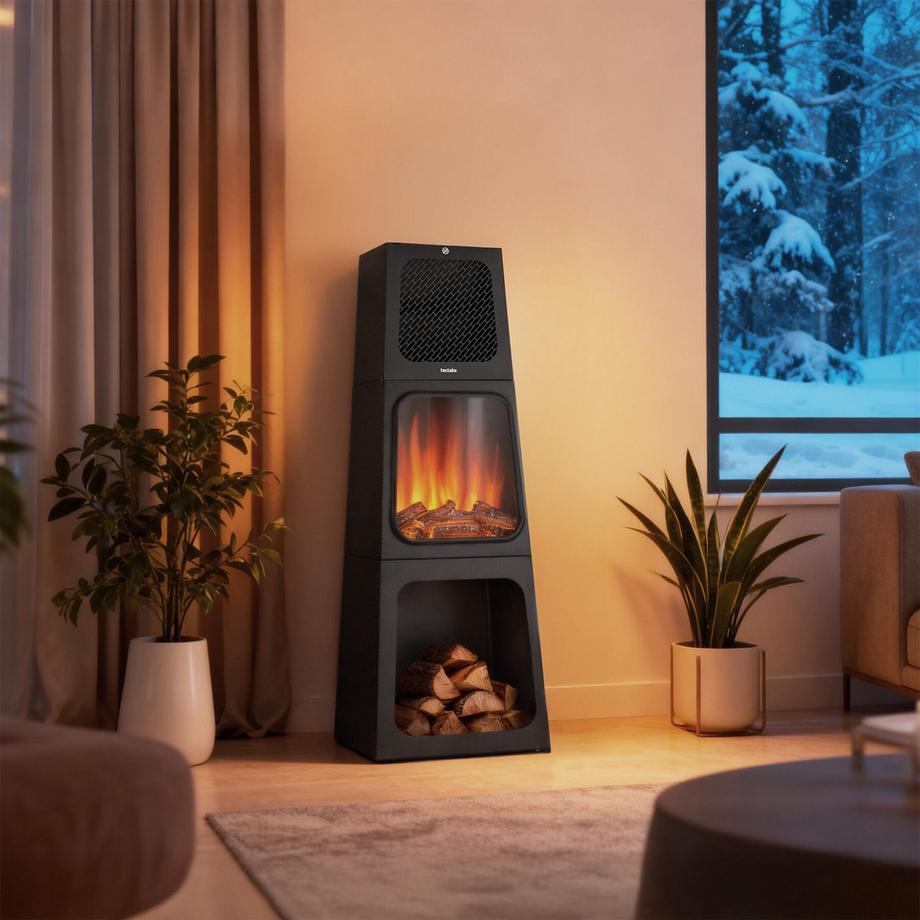 Tectake Elektrokamin Soleil 2 Leistungsstufen mit 900 W und 1800 W mit Holz- und Glutimitation sowie 3D-Flammeneffekt  