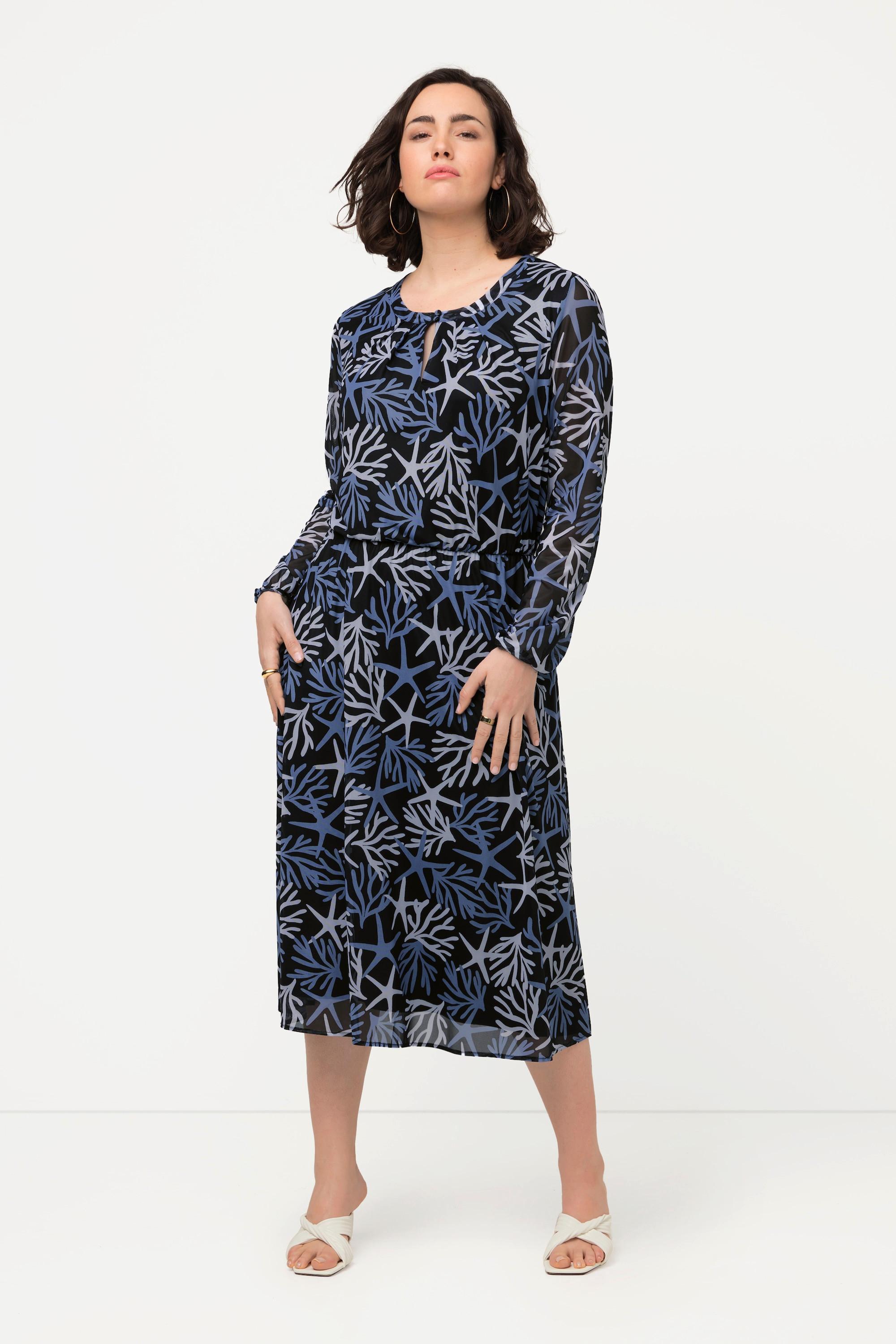 Ulla Popken  Robe en mesh, coraux, ligne en A, col rond, manches longues 