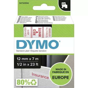 Cassetta nastro DYMO D1 45015 Colore Nastro: Bianco Colore carattere:Rosso 12 mm 7 m
