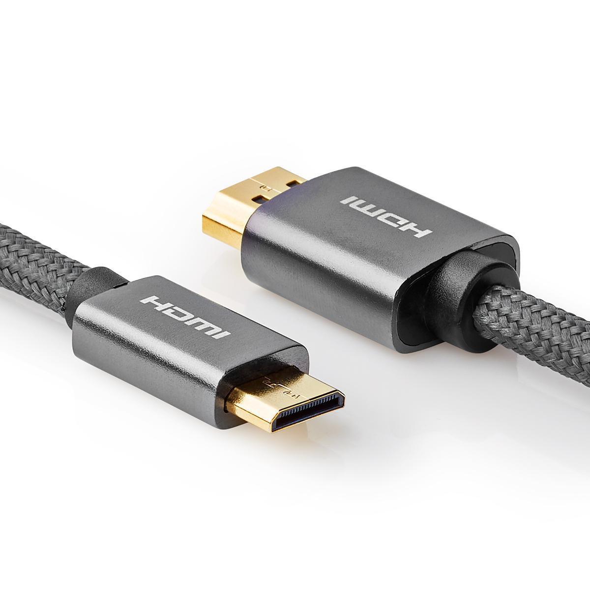 Nedis  Câble HDMI™ haute vitesse avec Ethernet | Connecteur HDMI™ | Mini-connecteur HDMI™ | 4K@60Hz | 18 Gbps | 2,00 m | Rond | Coton | Anthracite / Gris avec métal | Boîte avec fenêtre couverte 