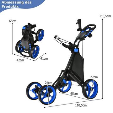 Golf Trolley 4 Rad Golftrolley Golfwagen Golf klappbar Golfcaddy Golf Push Cart aus Aluminum Blau