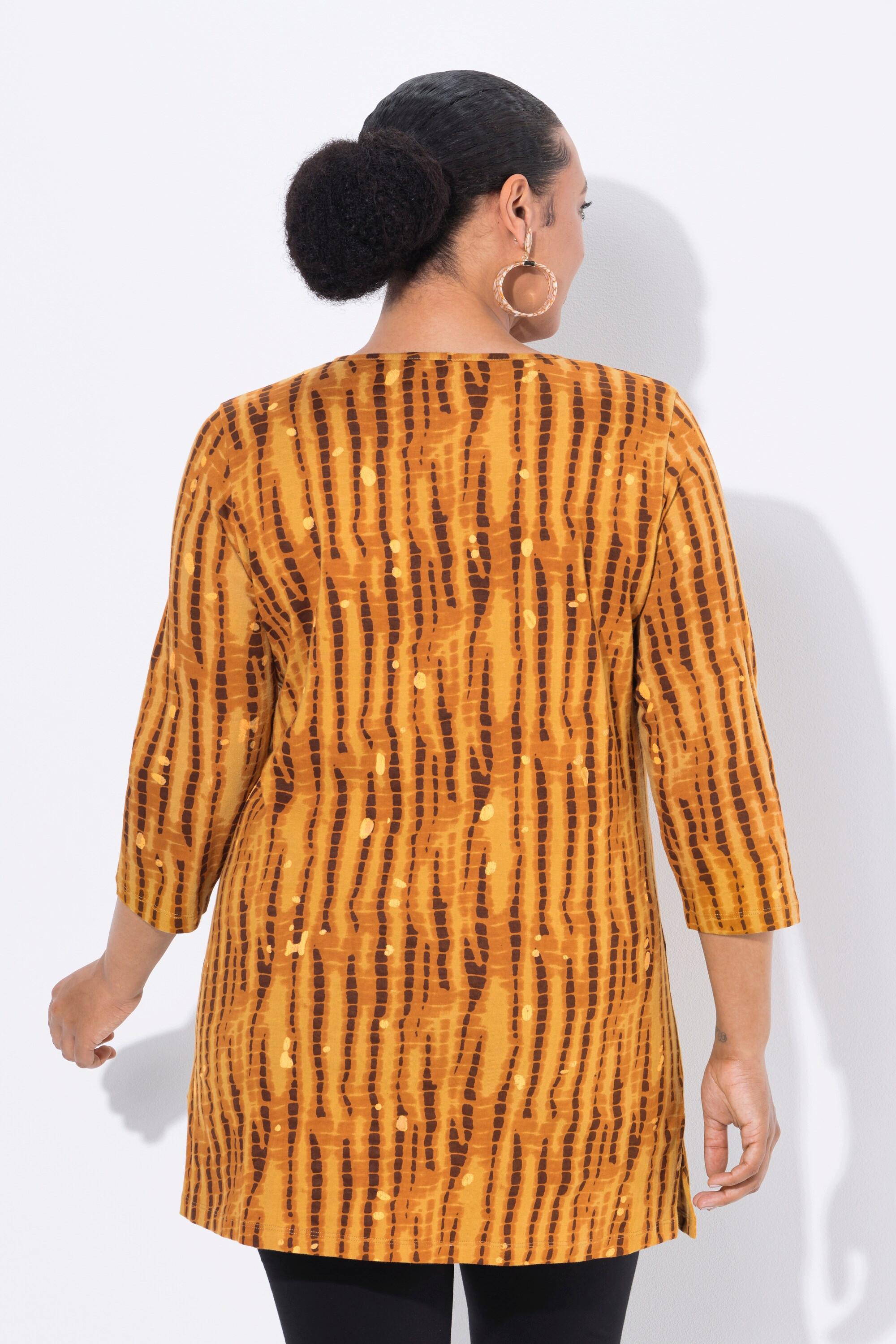 Ulla Popken T-shirt long motif batik coupe évasée col en V manches 3/4  