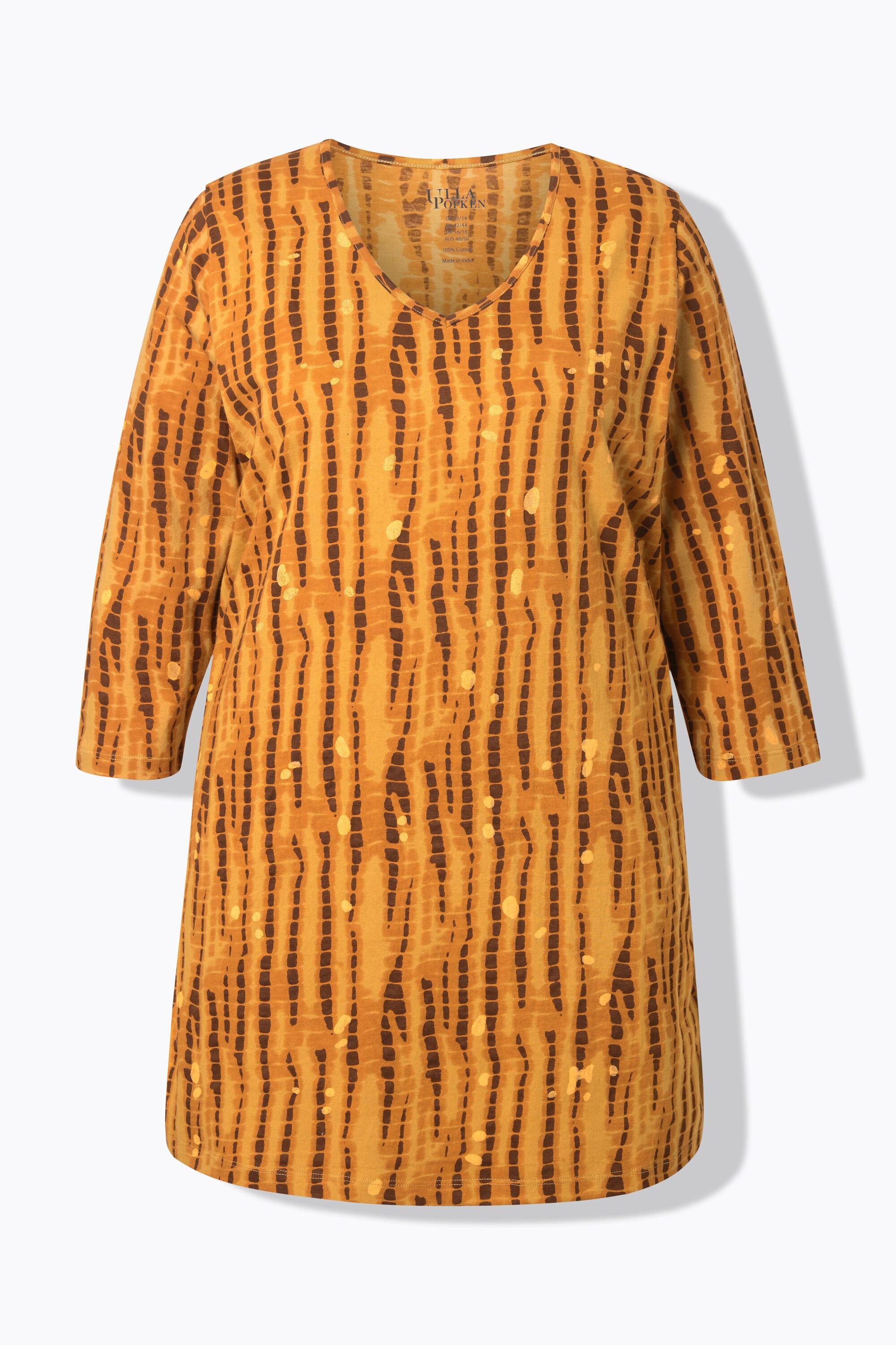 Ulla Popken T-shirt long motif batik coupe évasée col en V manches 3/4  