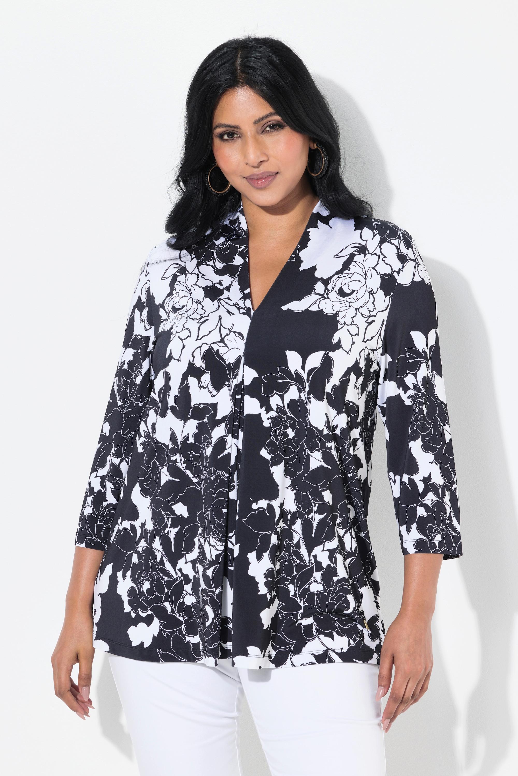 Ulla Popken Blouse Motif Floral Coupe Évasée Manches 3/4  