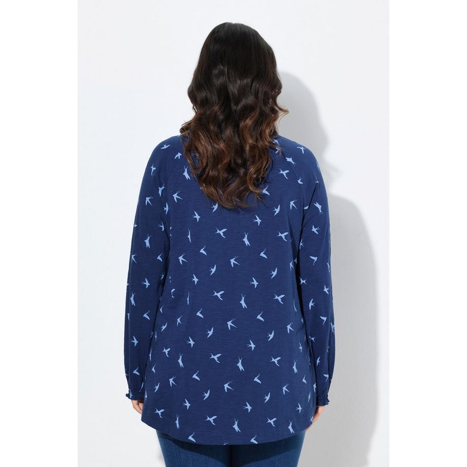 Ulla Popken Schwalben Print A-Linie Langarm Rüschen Shirt  