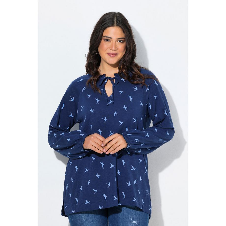 Ulla Popken Schwalben Print A-Linie Langarm Rüschen Shirt  