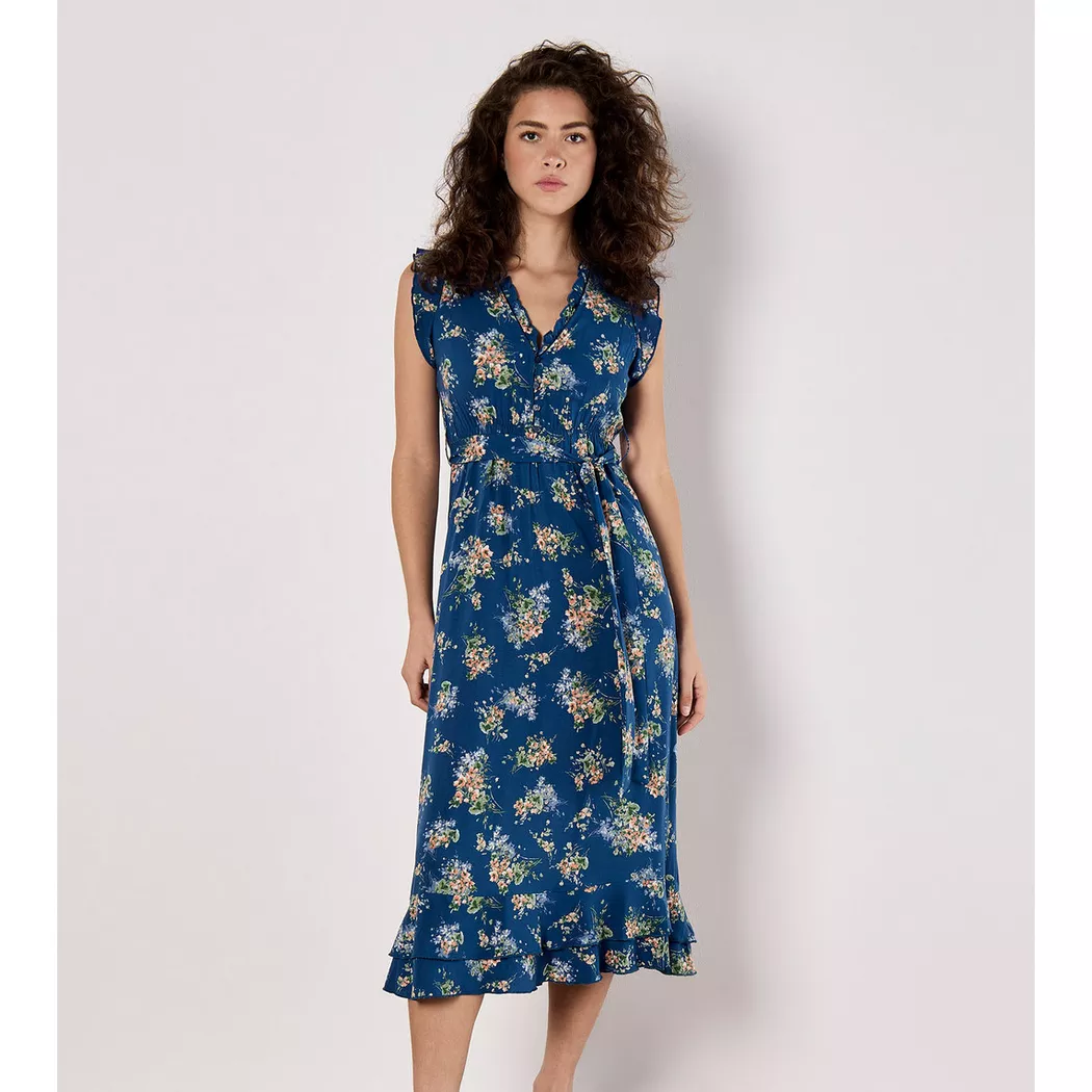 APRICOT - Robe midi à petits motifs floraux, Robe Midi Florale, XS/S, Bleu