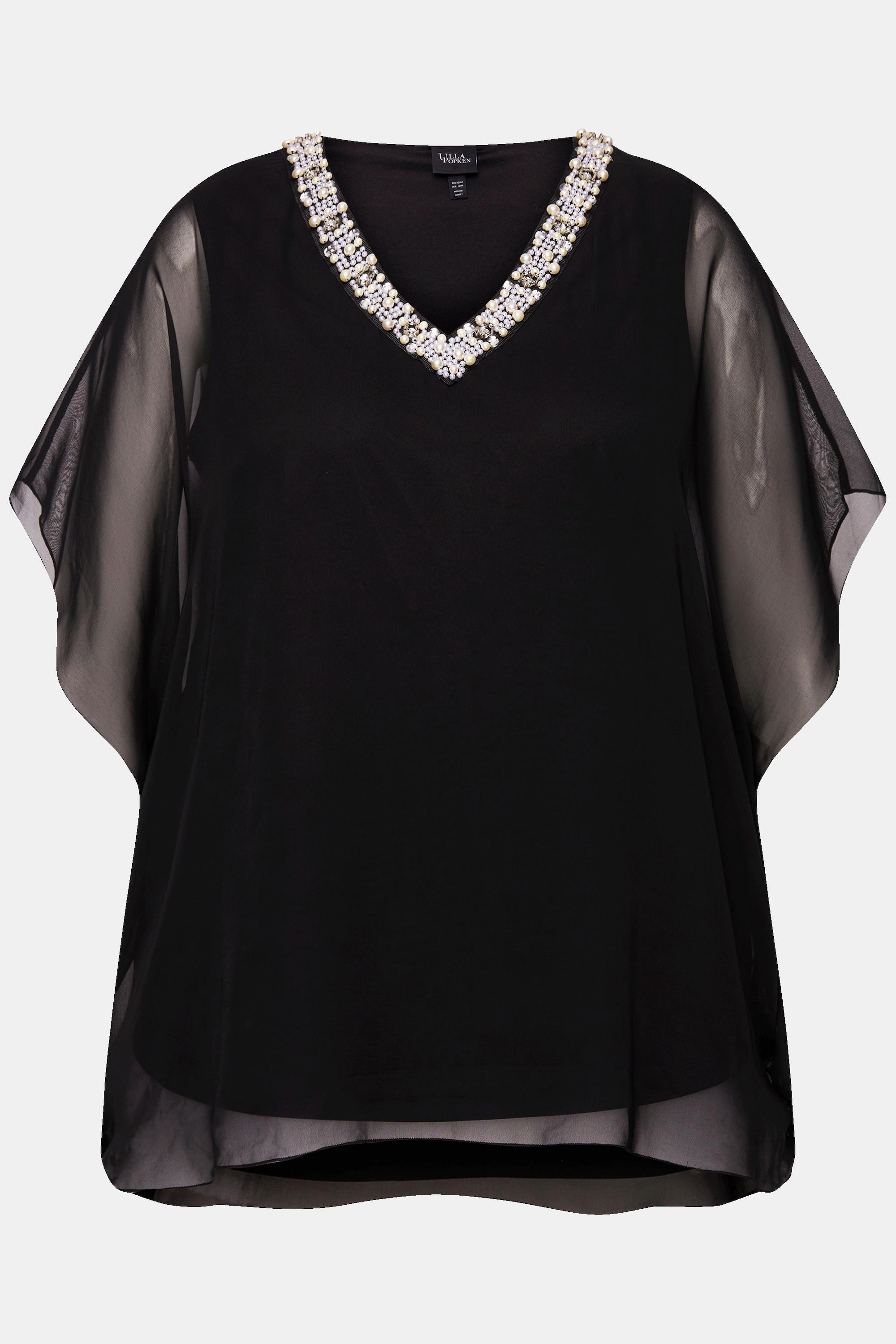 Ulla Popken  Blusa a doppio strato di chiffon con scollo a V e mezze maniche 