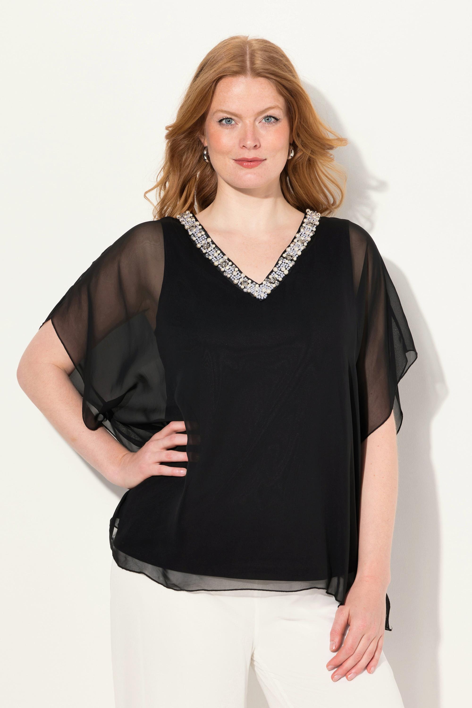 Ulla Popken  Blusa a doppio strato di chiffon con scollo a V e mezze maniche 