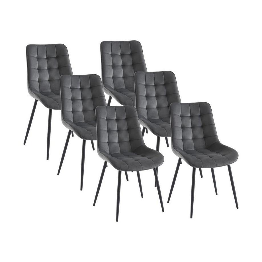 Lot de 6 chaises matelassées - Velours et métal noir - Gris - OLLUA
