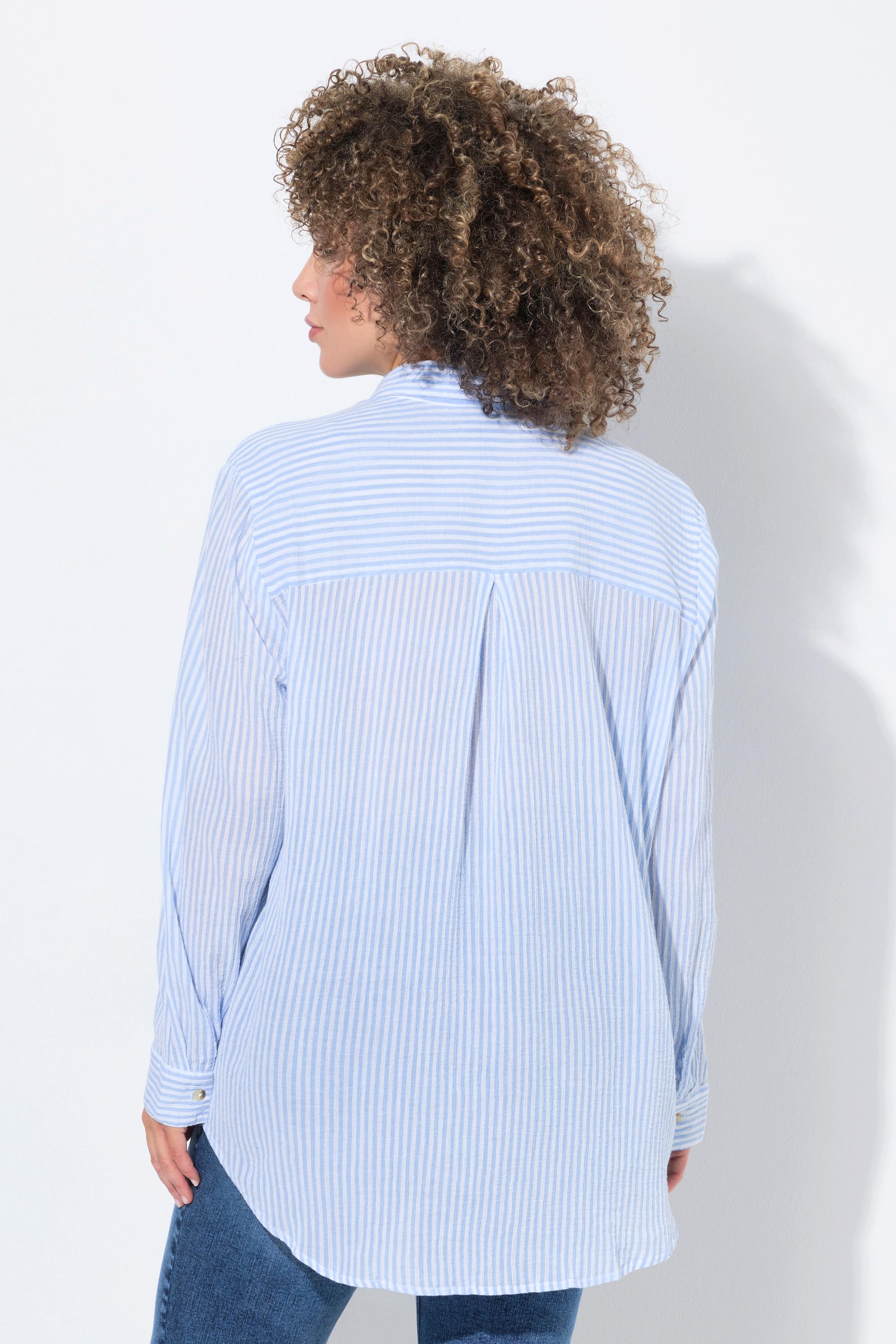 Ulla Popken Gestreifte Krepp Kent Kragen Langarm Bluse  