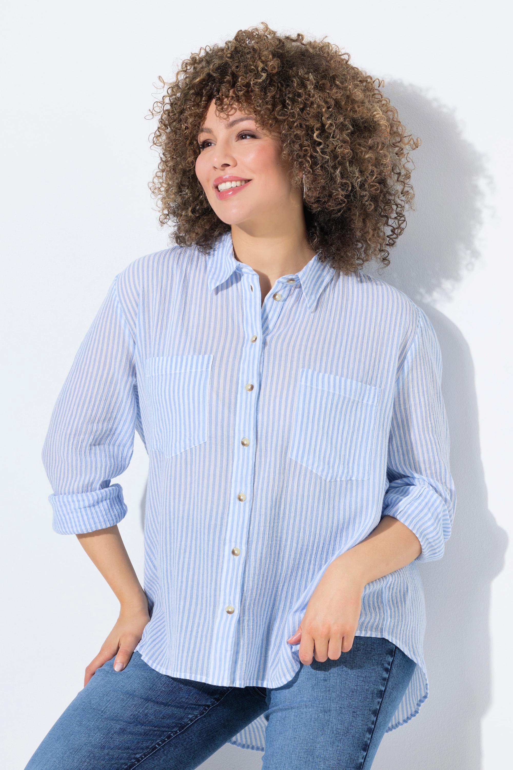 Ulla Popken Gestreifte Krepp Kent Kragen Langarm Bluse  