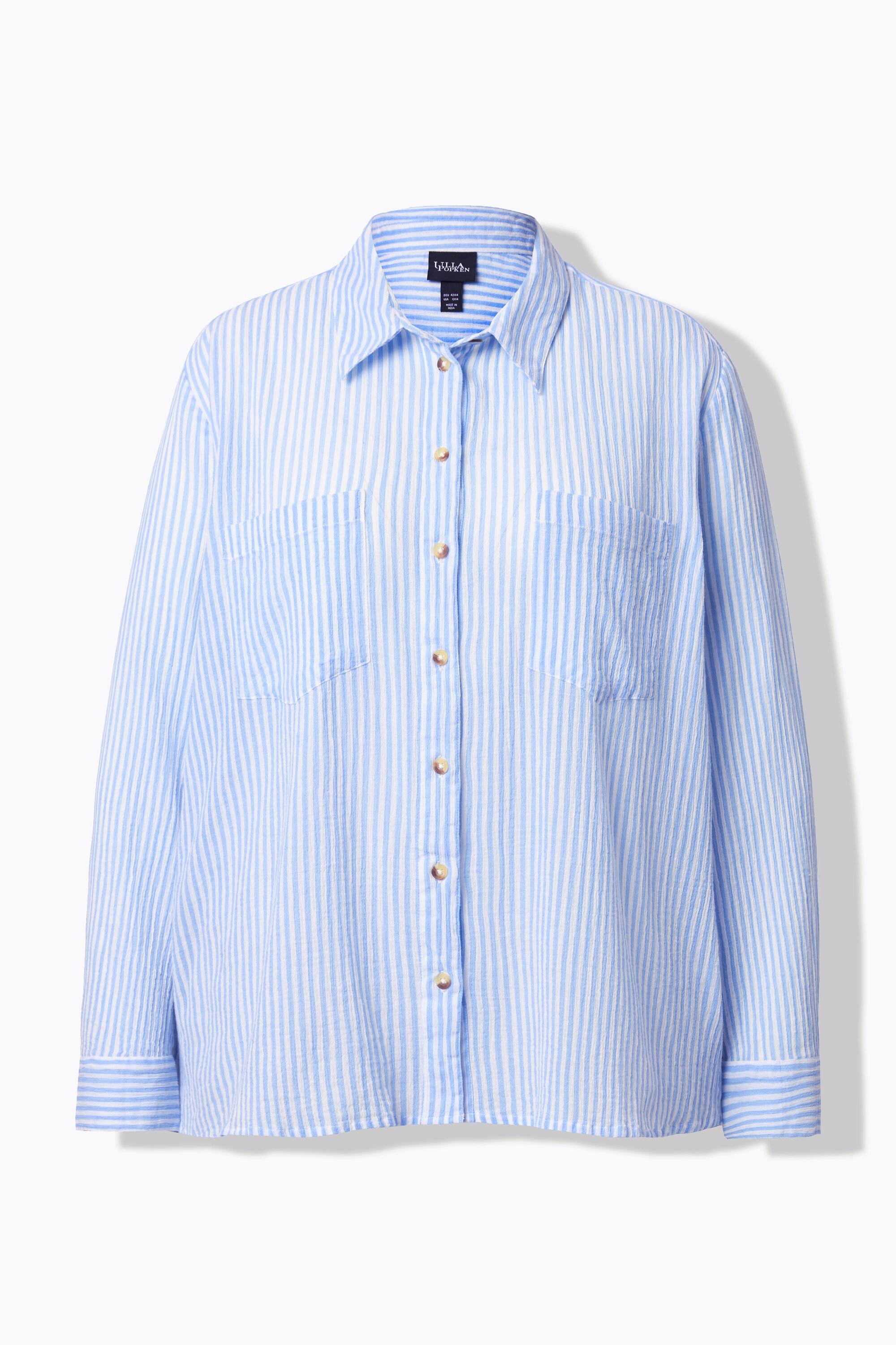 Ulla Popken Gestreifte Krepp Kent Kragen Langarm Bluse  