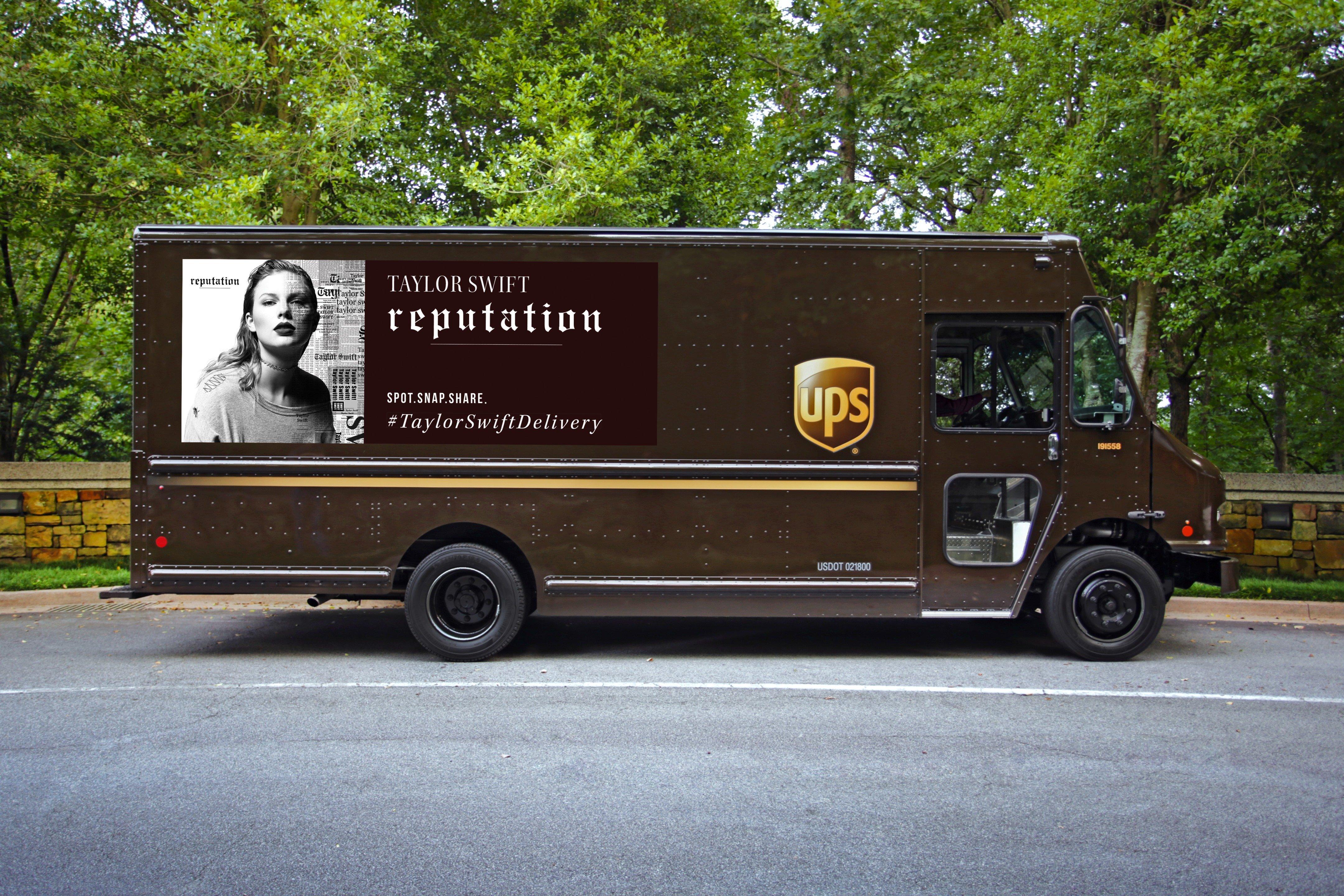 UPS truck with Taylor Swift album cover