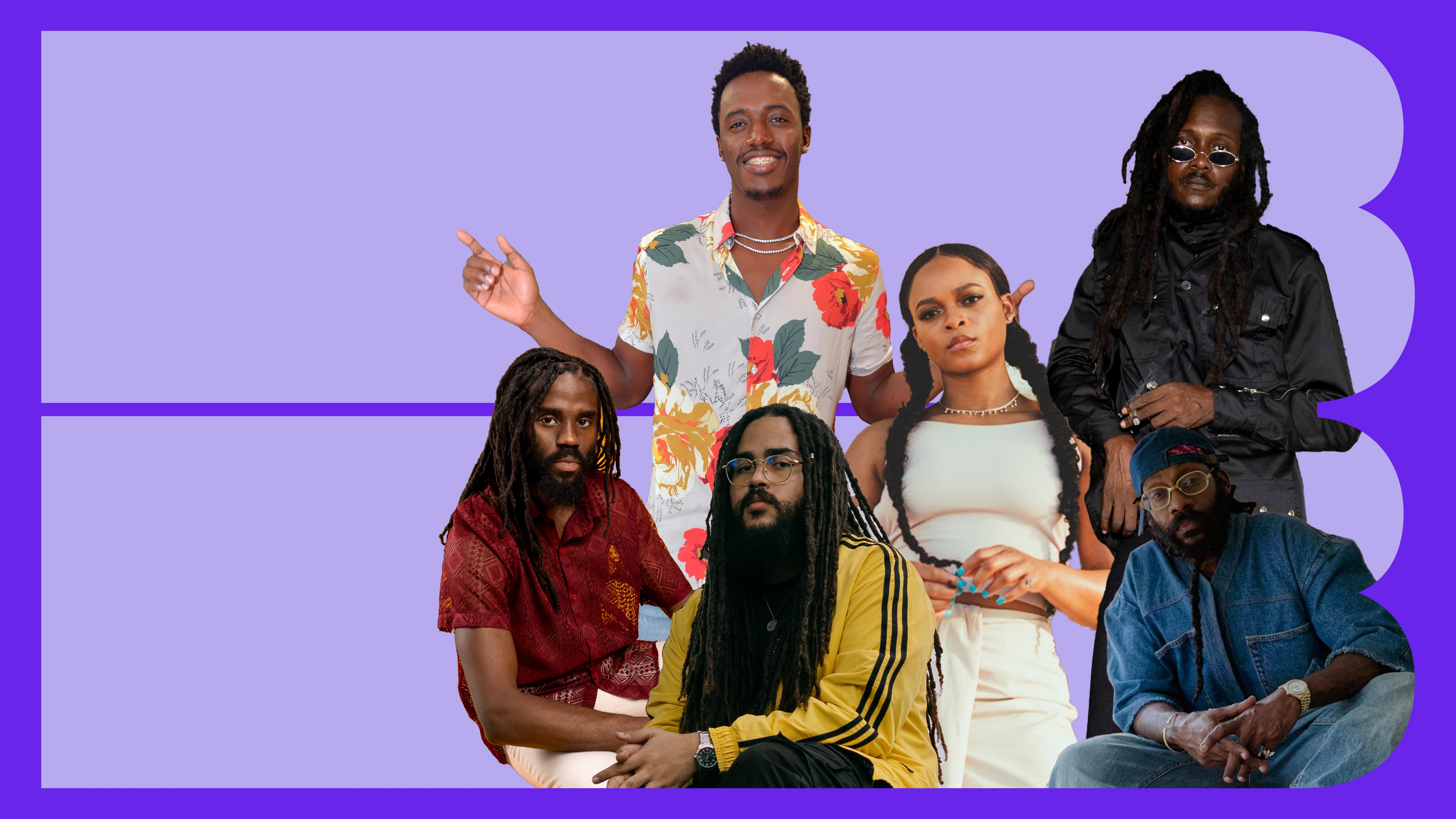 Hector "Roots" Lewis, Romain Virgo, Iotosh, Lila Iké, Samory I and Tarrus Riley in collage