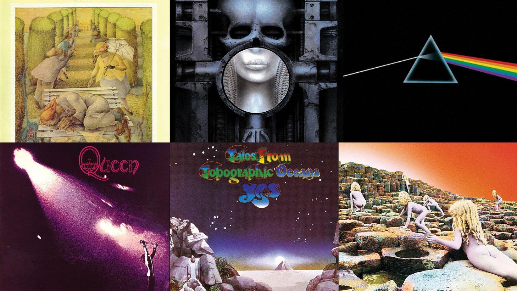 Album covers (L to R): Genesis – Selling England by the Pound; Emerson, Lake & Palmer - Brain Salad Surgery; Pink Floyd – The Dark Side of the Moon; Queen - Queen I; Yes -Tales from Topographic Oceans; Led Zeppelin - Houses of the Holy