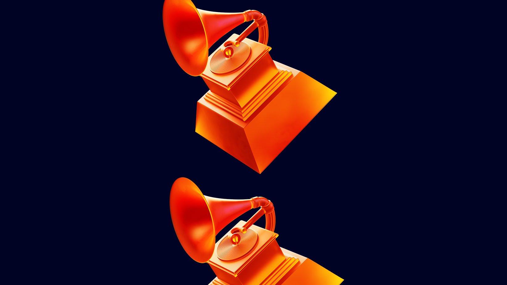 Graphic of 2023 GRAMMYs double orange tilted closeup black background