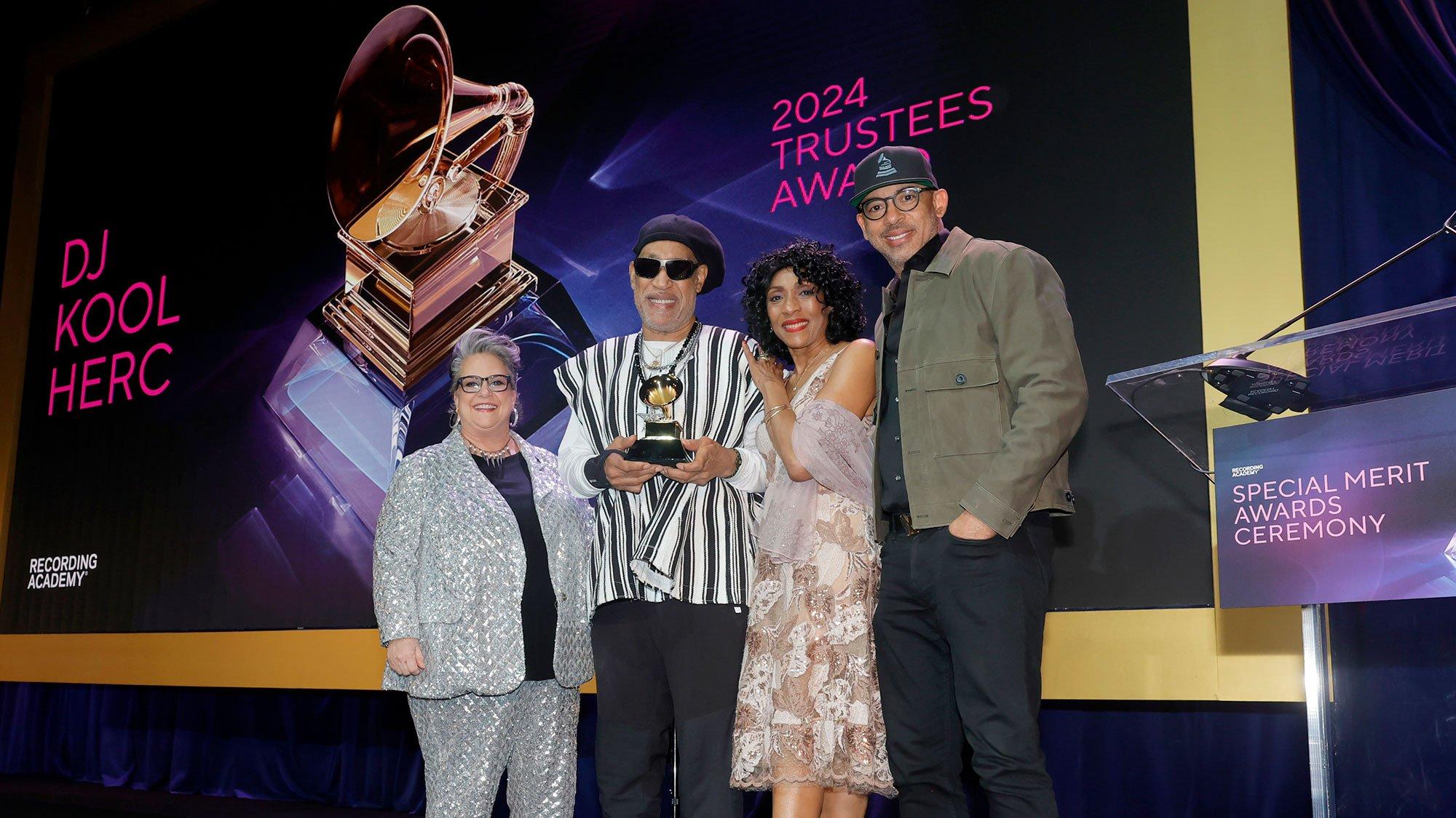 Chair of the Recording Academy's Board of Trustees Tammy Hurt, Trustees Honoree Award Honoree DJ Kool Herc, Cindy Campbell and CEO of the Recording Academy and Musicares Harvey Mason Jr.