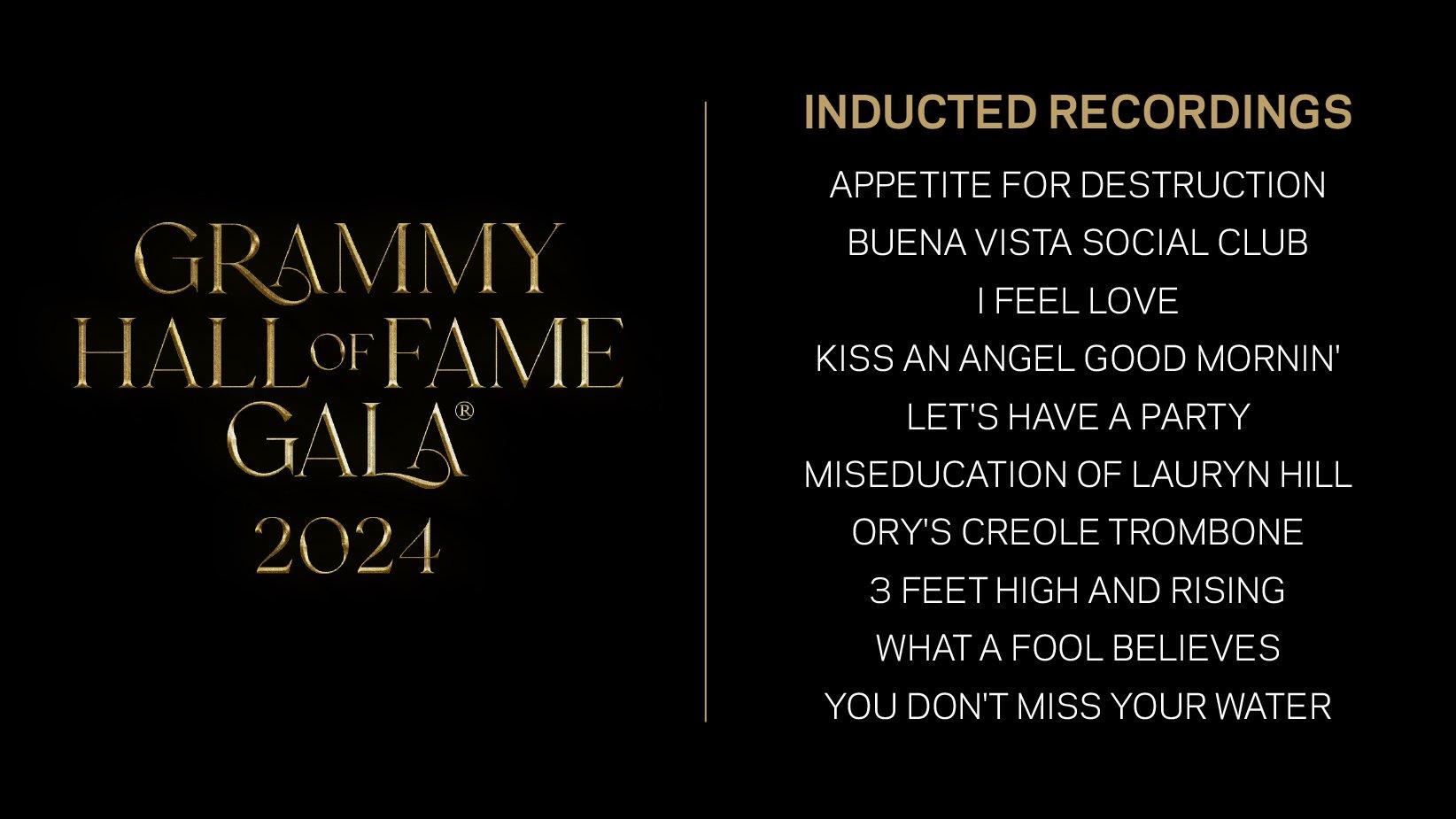 The Recording Academy revealed the 2024 inducted recordings to the distinguished GRAMMY Hall Of Fame on its 50th anniversary. Graphic shows all of the 10 recordings newly inducted into the GRAMMY Hall of Fame.