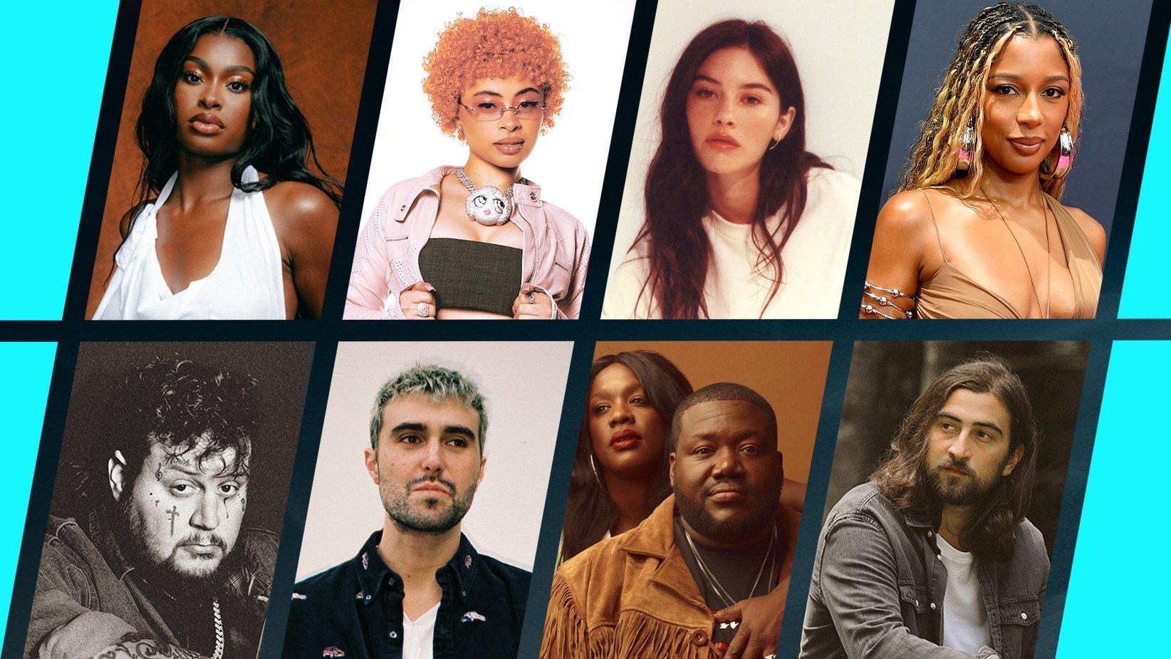 Best New Artist Nominees At The 2024 GRAMMYs: (Clockwise From Top-Left): Coco Jones, Ice Spice, Gracie Abrams, Victoria Monét, Noah Kahan, The War And Treaty, Fred again.., Jelly Roll