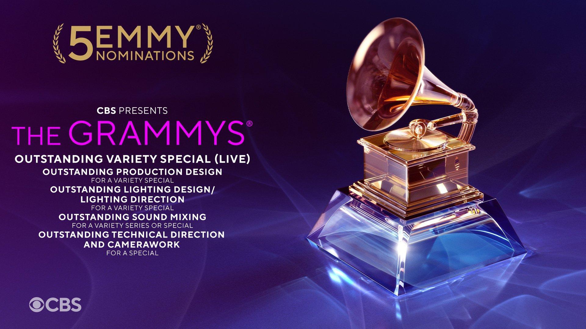 A photo of a GRAMMY Award featured listing the five nominations for the 2024 GRAMMYs at the 2024 Emmys, including Outstanding Variety Special (Live), Outstanding Production Design for a Variety Special, and more.