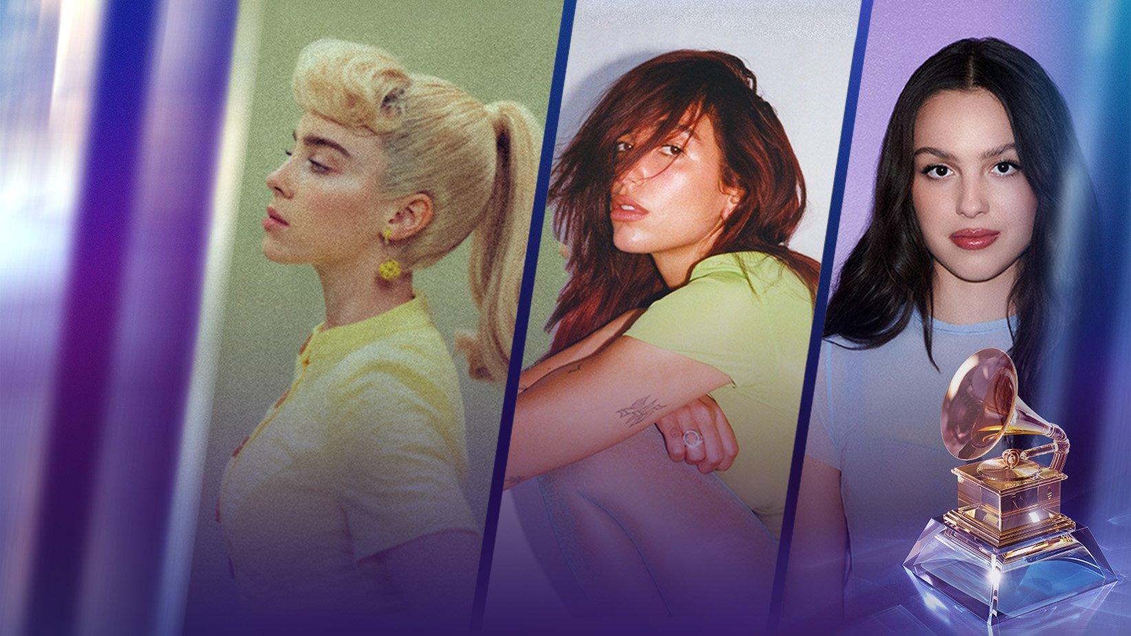 (L-R) Billie Eilish, Dua Lipa and Olivia Rodrigo will perform at the 2024 GRAMMYs, airing live Sunday, Feb. 4, at 8 p.m. ET/5 p.m. PT on the CBS Television Network and streaming live and on demand on Paramount+