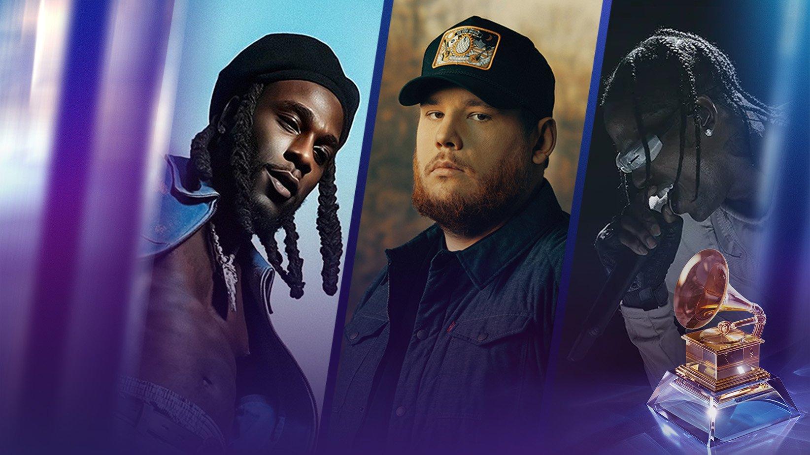 (L-R) Burna Boy, Luke Combs and Travis Scott will perform at the 2024 GRAMMYs, airing live Sunday, Feb. 4, at 8 p.m. ET/5 p.m. PT on the CBS Television Network and streaming live and on demand on Paramount+