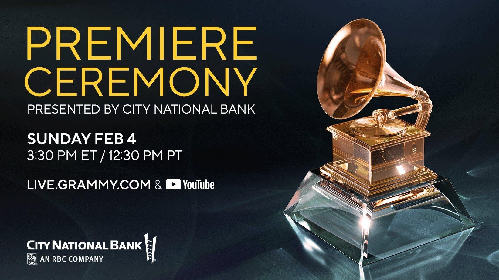 The 2024 GRAMMYs Premiere Ceremony will stream live from Peacock Theater in Los Angeles on Sunday, Feb. 4, at 12:30 p.m. PT/3:30 p.m. ET on the Recording Academy's YouTube channel and on live.GRAMMY.com