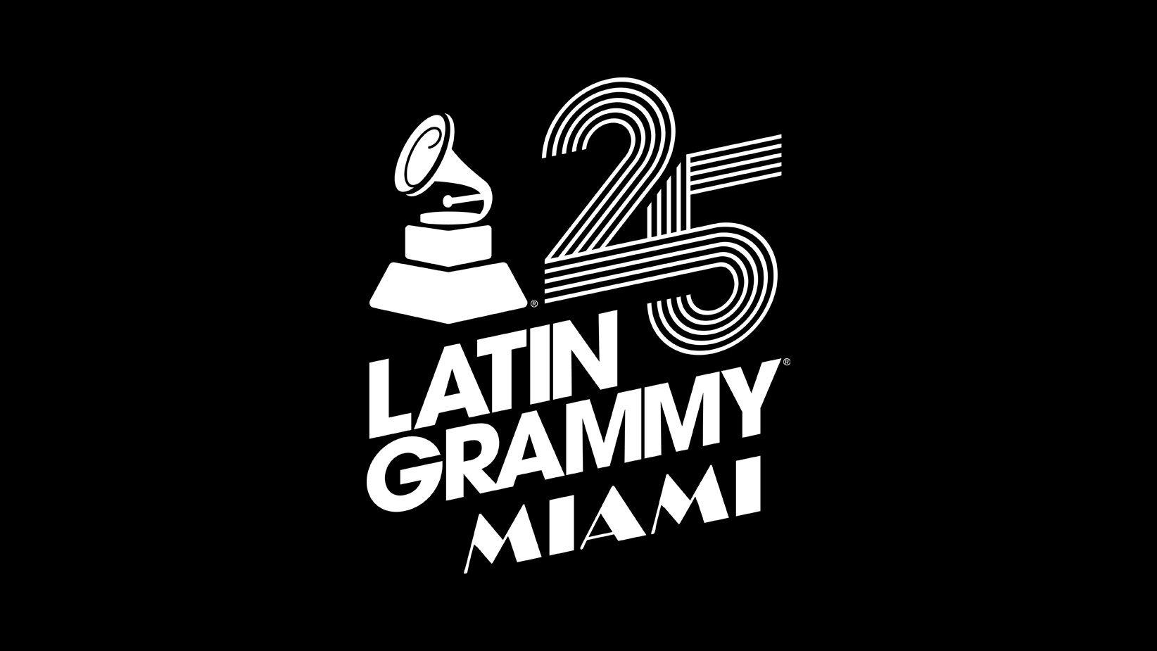 Graphic featuring the logo for the 2024 Latin GRAMMYs, officially known as the 25th Latin GRAMMY Awards, taking place on Nov. 14, in Miami at Kaseya Center. The logo says "Latin GRAMMY Miami" and features a Latin GRAMMY Award statue and the number 25.