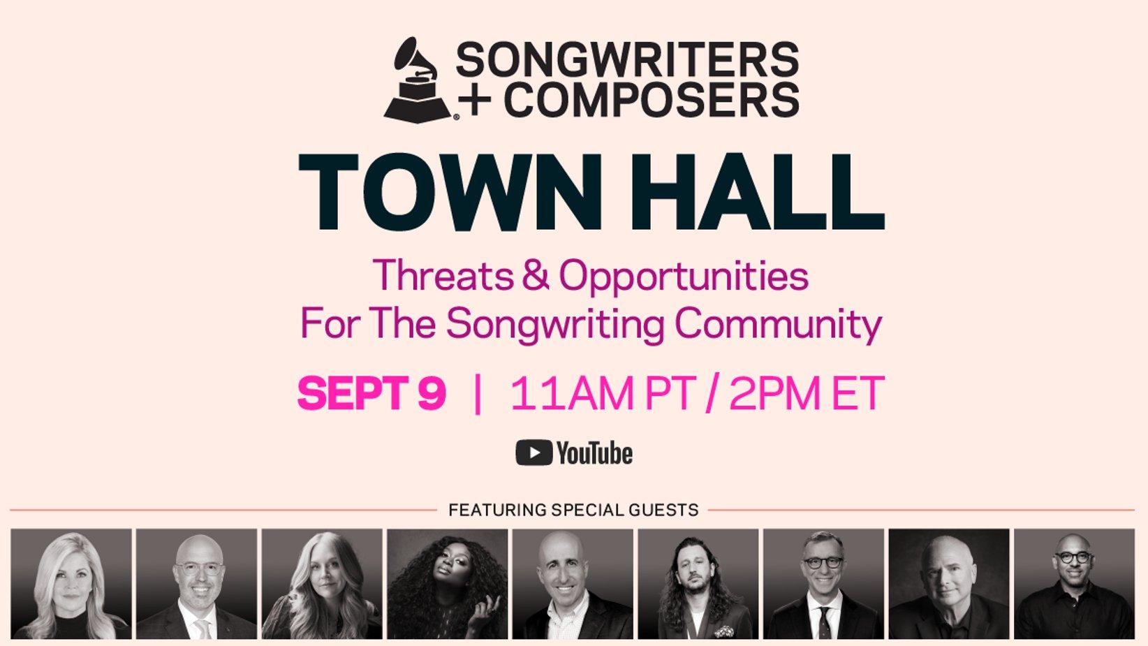 Graphic featuring photos of panelists for the Recording Academy's 2024 Songwriters & Composers Wing Town Hall, the Songwriters & Composers Wing Town Hall logo, and the words "Town Hall" and "Threats & Opportunities for the Songwriting Community."