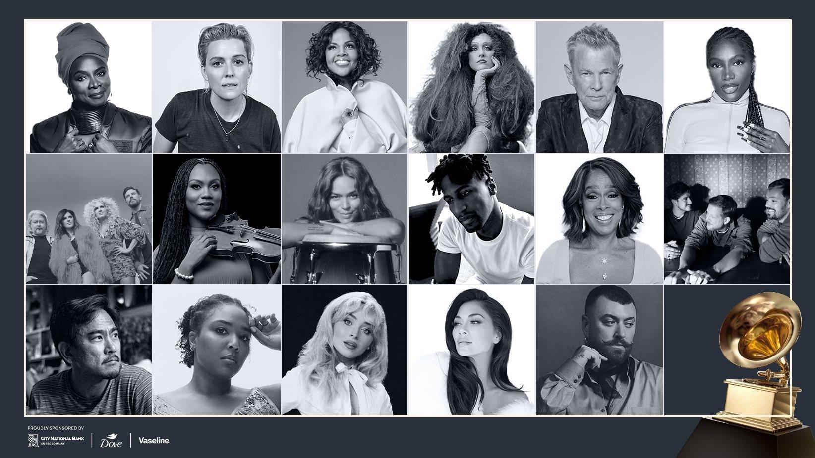 A photo collage featuring Angélique Kidjo, Brandi Carlile, CeCe Winans, Chappell Roan, David Foster, Doechii, Little Big Town, Dr. Chelsey Green, KAROL G, Jon Batiste, Gayle King, Mumford & Sons, Lizzo; Sabrina Carpenter; Nicole Scherzinger, and Sam Smith