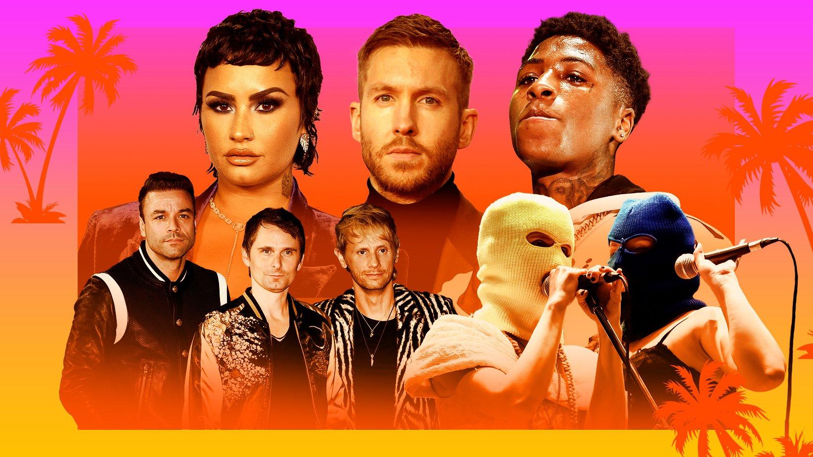 Graphic featuring photos clockwise from bottom-left: Muse, Demi Lovato, Calvin Harris, YoungBoy Never Broke Again, Pussy Riot