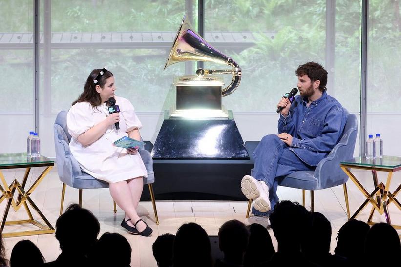 Beanie Feldstein and Ben Platt on stage at the GRAMMY U conference