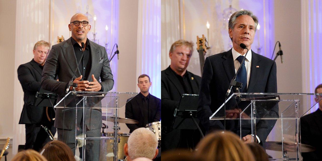 Photo of (L-R) Recording Academy CEO Harvey Mason jr. and U.S. Secretary of State Antony J. Blinken speak onstage during the launch of the Global Music Diplomacy Initiative at the U.S. Department of State on September 27, 2023, in Washington, D.C.