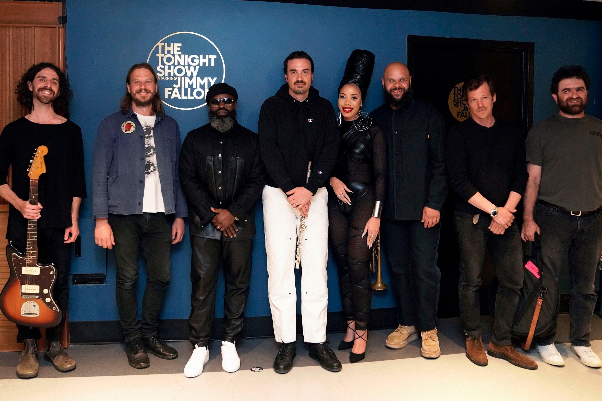 Leon Michels, center, poses with Black Thought, Kirby and members of El Michels Affair backstage at "The Tonight Show With Jimmy Fallon."