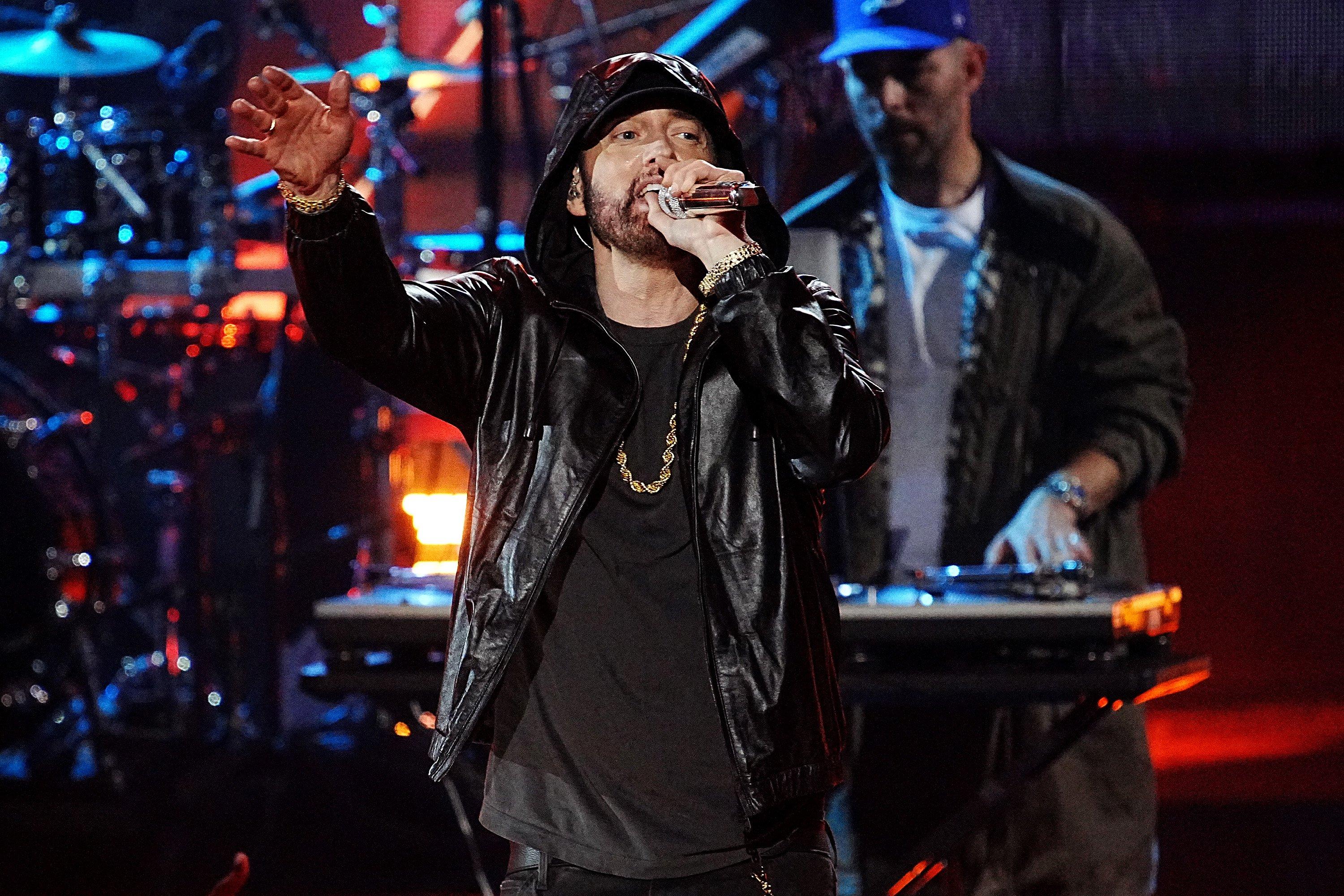 Photo of Eminem performing at the Rock And Roll Hall Of Fame Induction Ceremony in 2022.