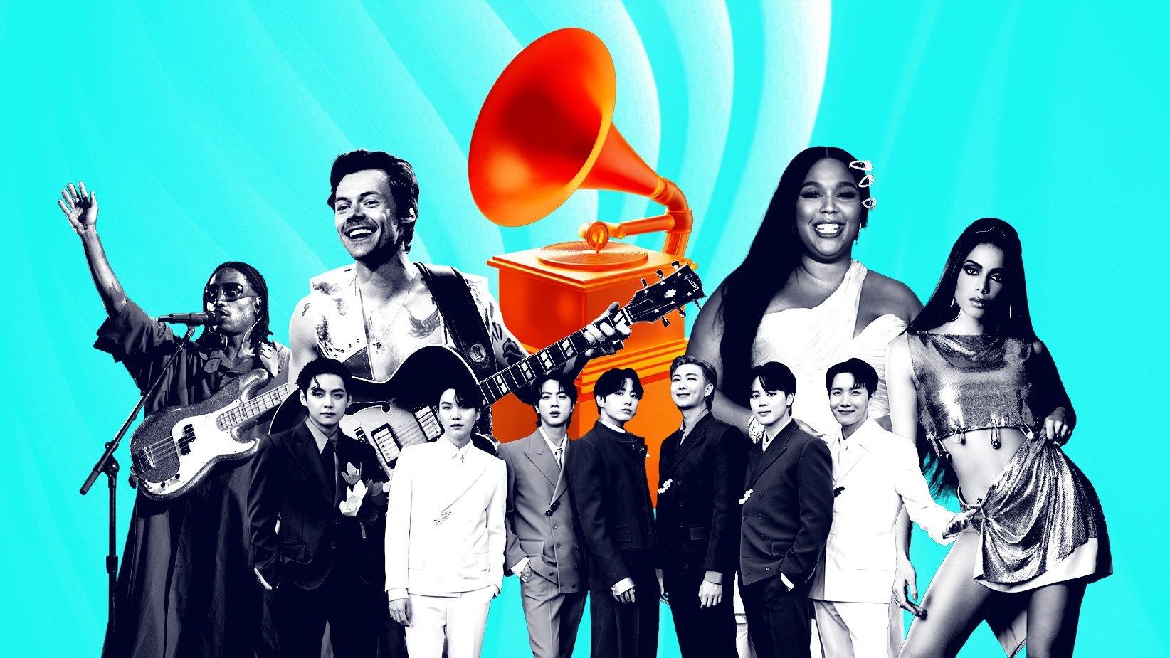 Graphic featuring images of Anitta, BTS, Harry Styles, Lizzo, Steve Lacy