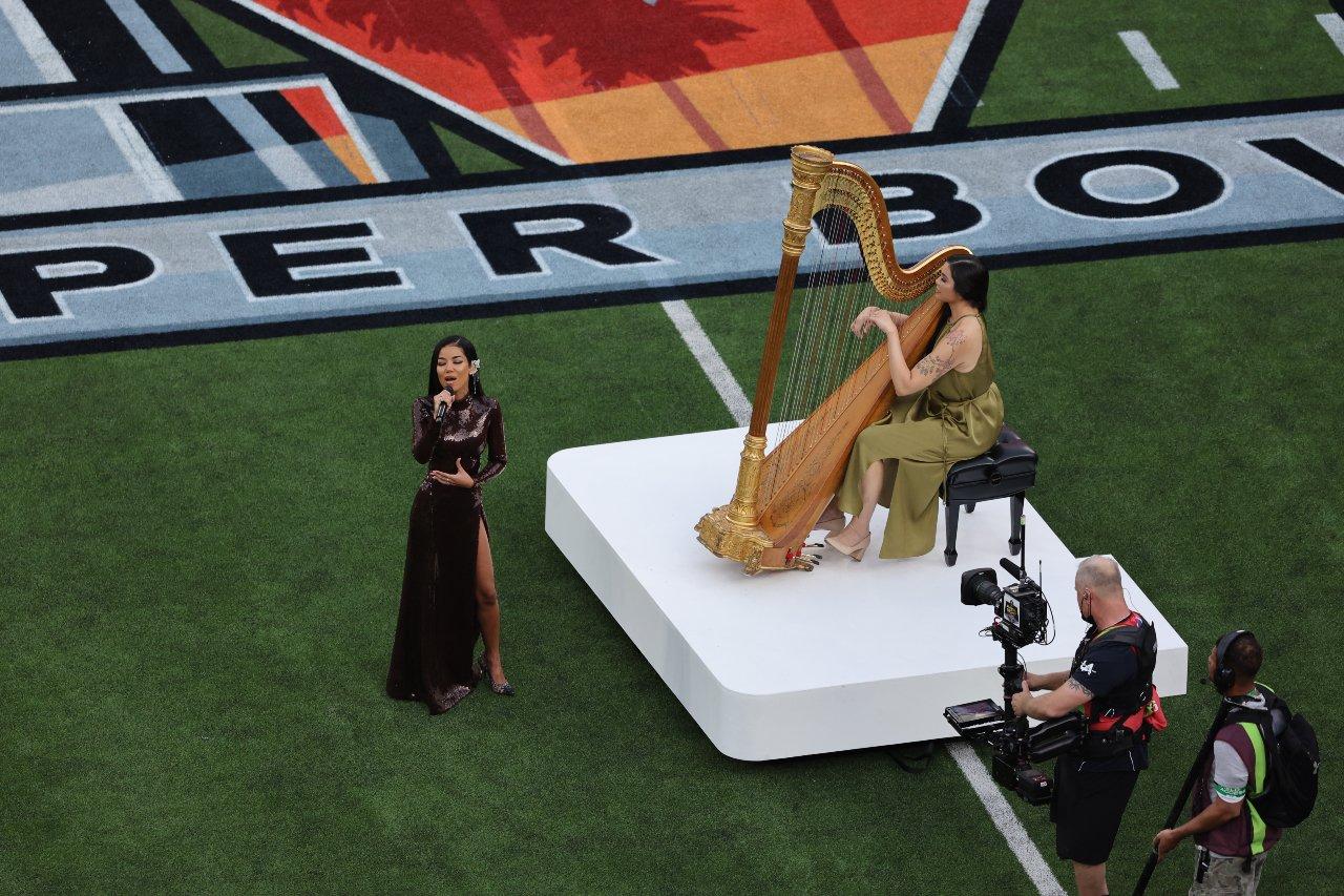 Jhene Aiko performing at the 2022 Super Bowl