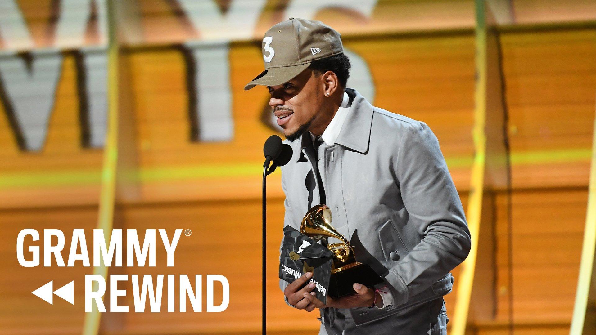 Chance the Rapper holding GRAMMY Award