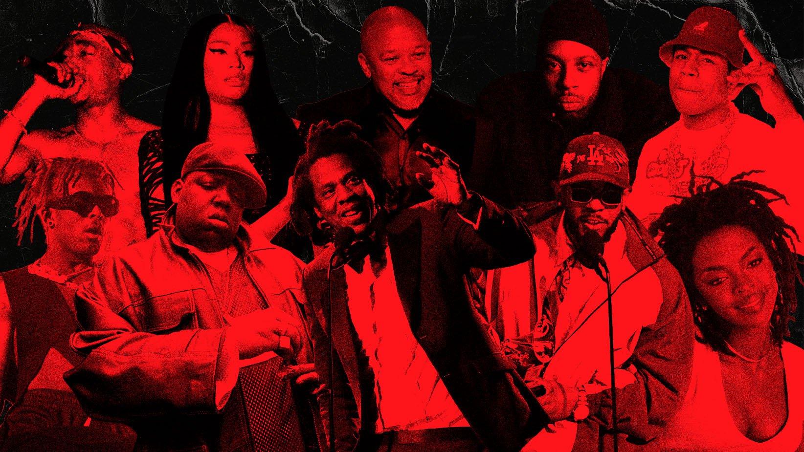 Graphic featuring images of (Clockwise, L-R): 2Pac, Nicki Minaj, Dr. Dre, J Dilla, LL Cool J, Ms. Lauryn Hill, Kendrick Lamar, Jay-Z, the Notorious B.I.G., Lil Uzi Vert