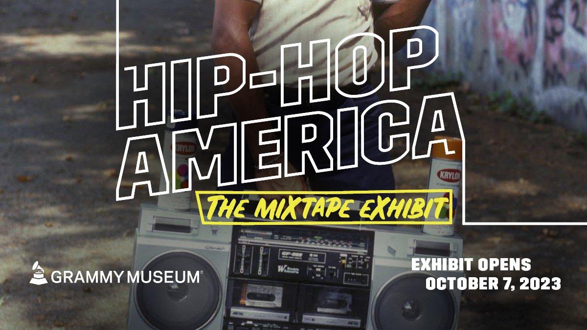 Image featuring graphics for the GRAMMY Museum's 'Hop America: The Mixtape Exhibit' exhibit